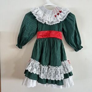 Mini World Dress Green Stripe Red Sash Petticoat Lace Girls‎ 5 Made in USA Xmas